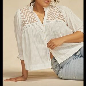 Anthropologie Pilcro Victorian V-Neck Cream Textured Blouse